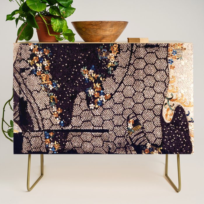 Kosode Fragment with Tortoiseshell Pattern, Waves, & Cherry Blossoms Shibori Print Credenza Gallery Image 1