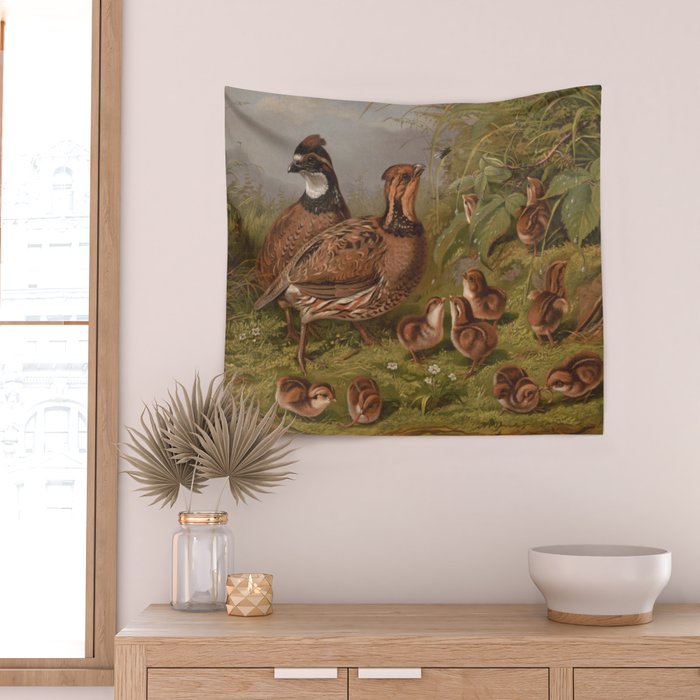 Vintage Quails & Their Chicks Illustration (1867) Wall Tapestry Gallery Image 2