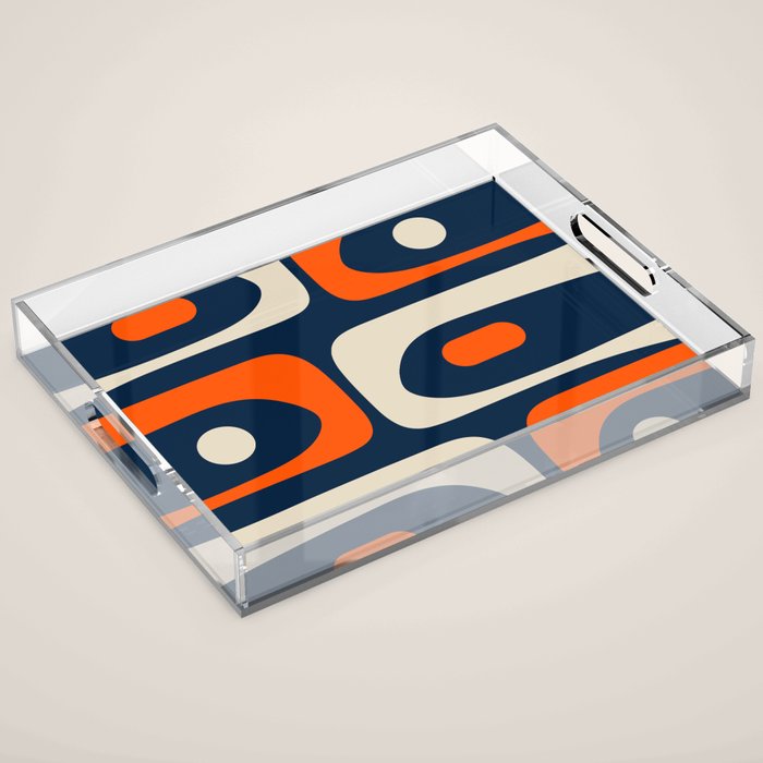 Mid Century Modern Abstract Retro Piquet Pattern Navy Blue Orange Beige Acrylic Tray Gallery Image 1