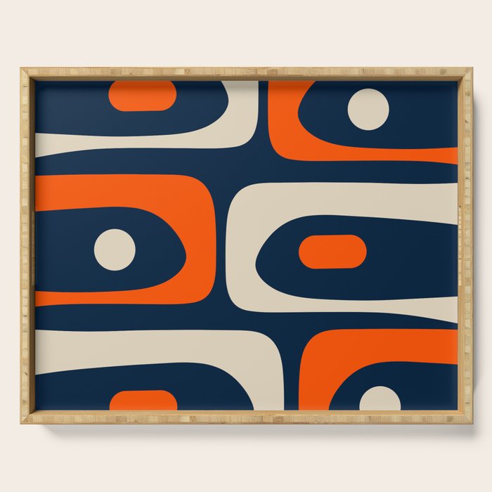 Mid Century Modern Abstract Retro Piquet Pattern Navy Blue Orange Beige Serving Tray Gallery Image 1
