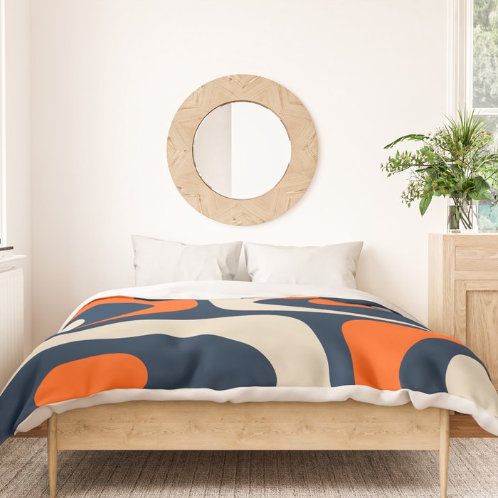 Mid Century Modern Abstract Retro Piquet Pattern Navy Blue Orange Beige Duvet Cover Gallery Image 3