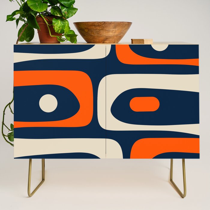 Mid Century Modern Abstract Retro Piquet Pattern Navy Blue Orange Beige Credenza Gallery Image 1