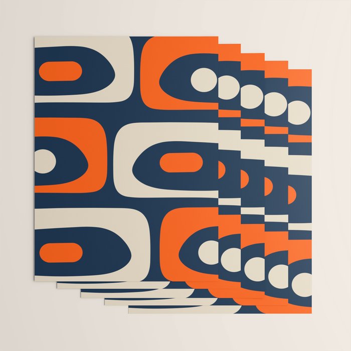 Mid Century Modern Abstract Retro Piquet Pattern Navy Blue Orange Beige Wrapping Paper Gallery Image 3