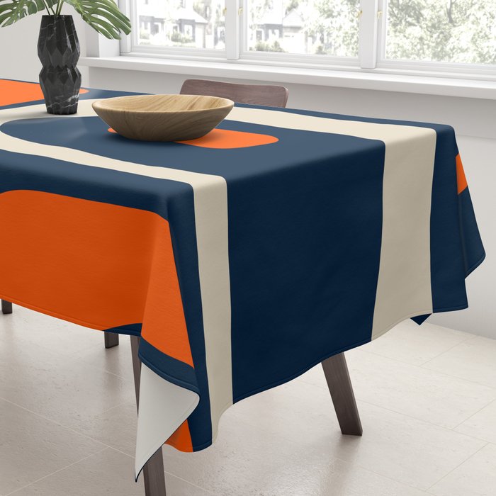 Mid Century Modern Abstract Retro Piquet Pattern Navy Blue Orange Beige Tablecloth Gallery Image 3