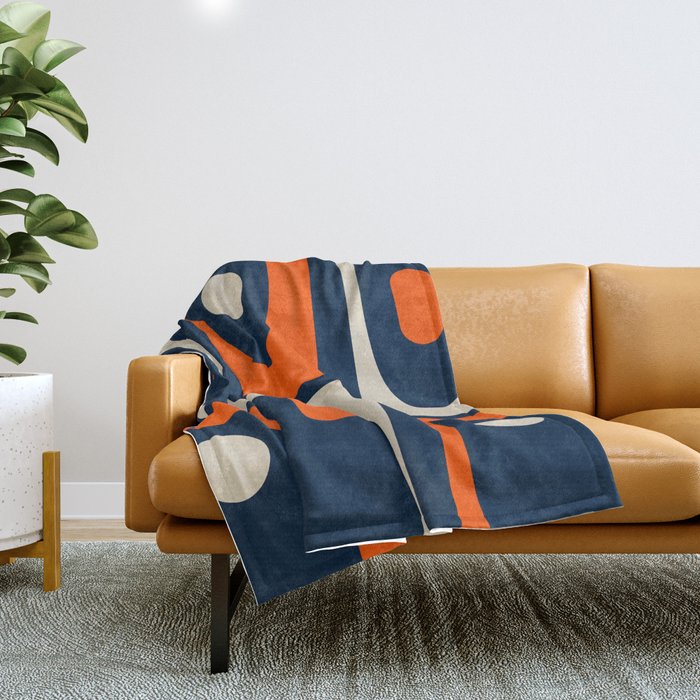 Mid Century Modern Abstract Retro Piquet Pattern Navy Blue Orange Beige Throw Blanket Gallery Image 1