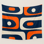 Mid Century Modern Abstract Retro Piquet Pattern Navy Blue Orange Beige Wall Tapestry Gallery Image 4