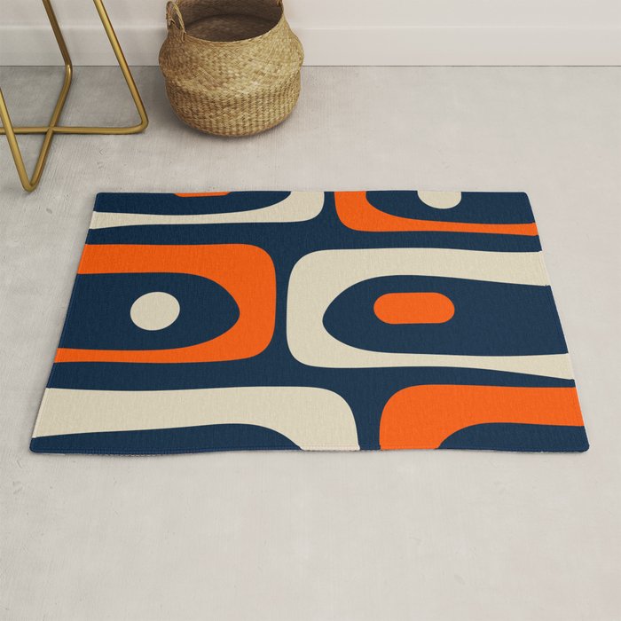 Mid Century Modern Abstract Retro Piquet Pattern Navy Blue Orange Beige Rug Gallery Image 1