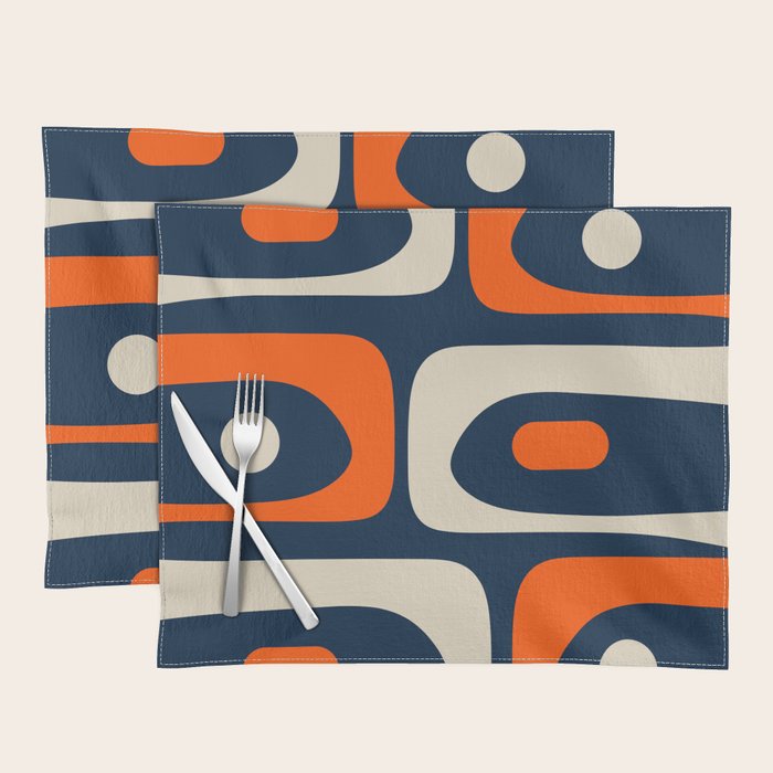 Mid Century Modern Abstract Retro Piquet Pattern Navy Blue Orange Beige Placemat Gallery Image 1