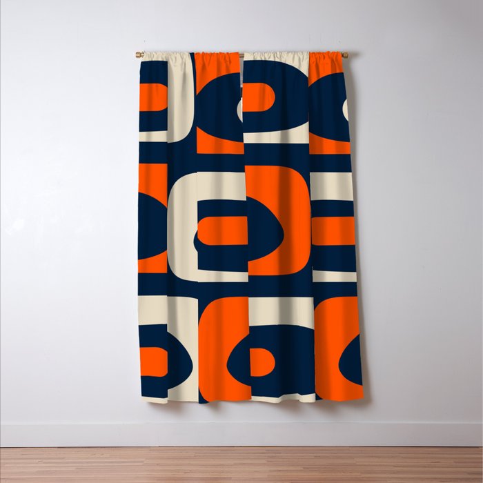 Mid Century Modern Abstract Retro Piquet Pattern Navy Blue Orange Beige Window Curtain Gallery Image 3