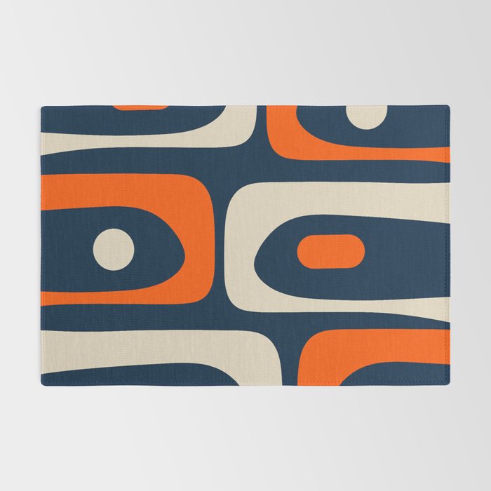 Mid Century Modern Abstract Retro Piquet Pattern Navy Blue Orange Beige Rug Gallery Image 2