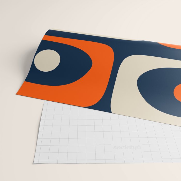 Mid Century Modern Abstract Retro Piquet Pattern Navy Blue Orange Beige Wrapping Paper Gallery Image 2