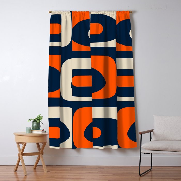 Mid Century Modern Abstract Retro Piquet Pattern Navy Blue Orange Beige Window Curtain Gallery Image 1