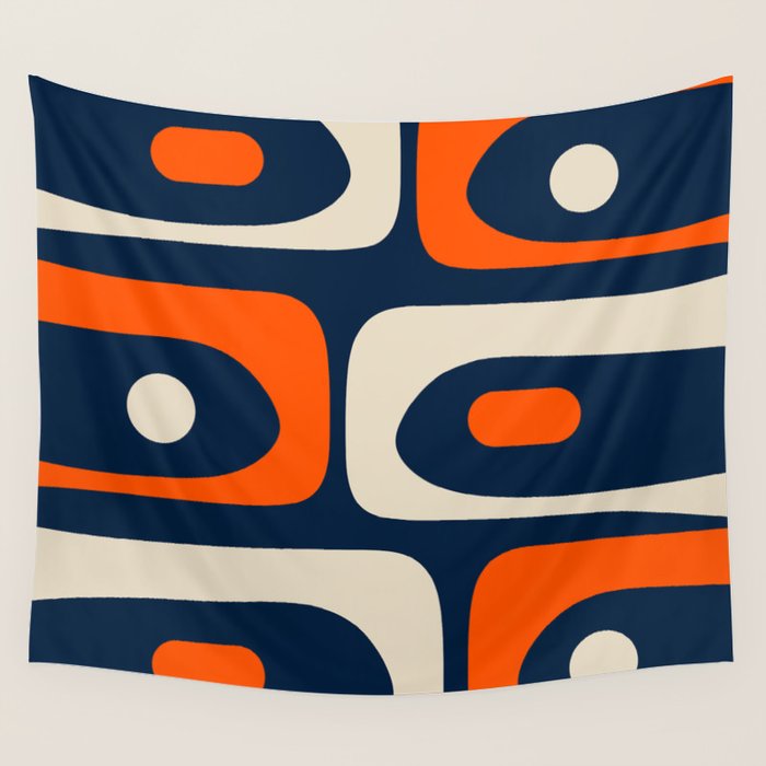 Mid Century Modern Abstract Retro Piquet Pattern Navy Blue Orange Beige Wall Tapestry Gallery Image 1