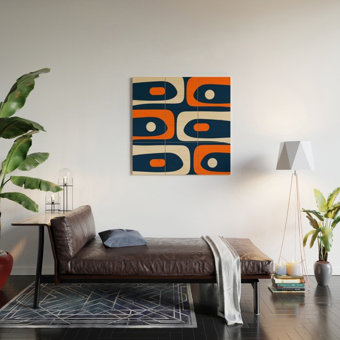Mid Century Modern Abstract Retro Piquet Pattern Navy Blue Orange Beige Wood Wall Art Gallery Image 2