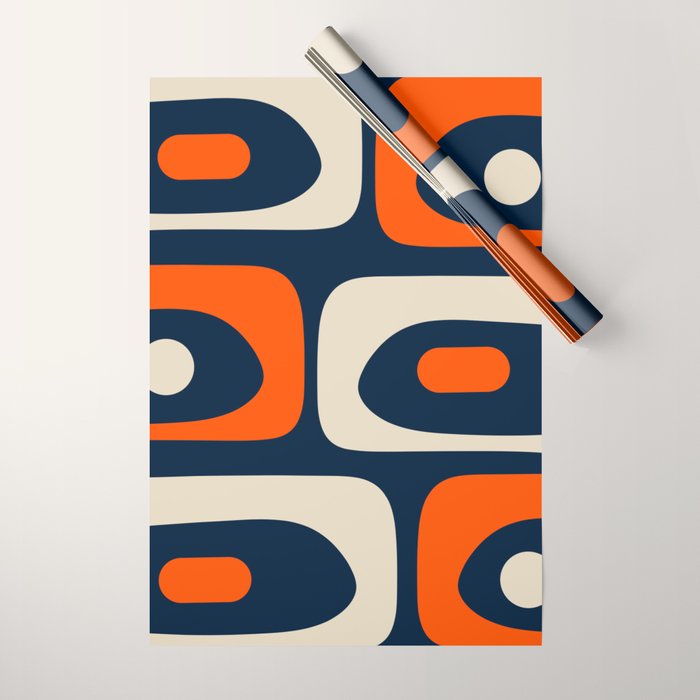Mid Century Modern Abstract Retro Piquet Pattern Navy Blue Orange Beige Wrapping Paper Gallery Image 1