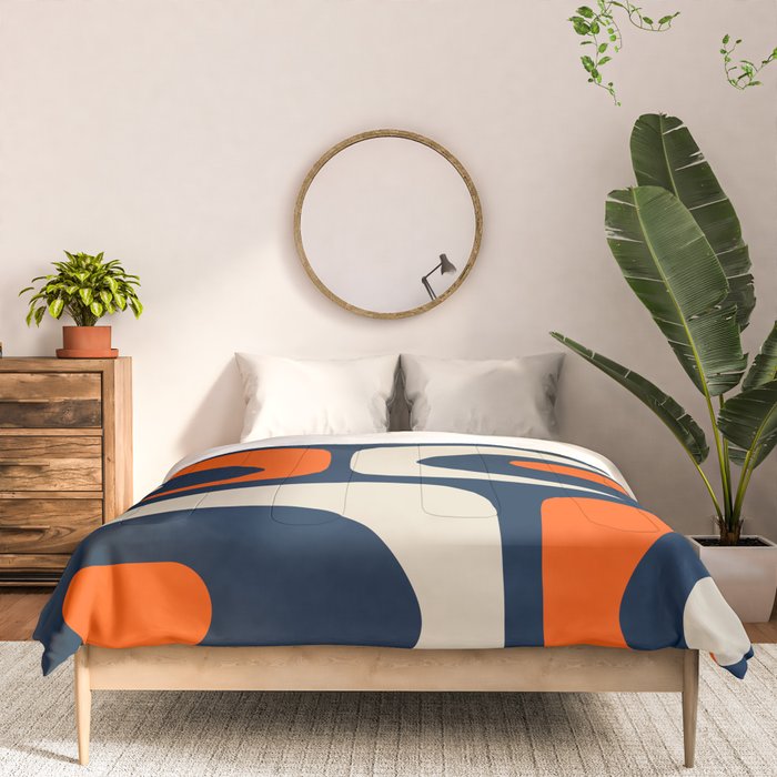 Mid Century Modern Abstract Retro Piquet Pattern Navy Blue Orange Beige Comforter Gallery Image 3