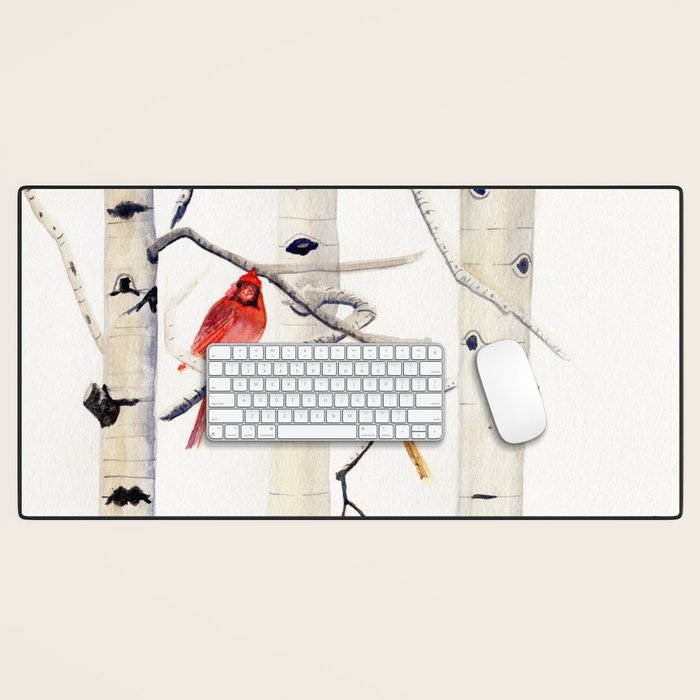 Birch Trees and Cardinal Desk Mat Gallery Image 1