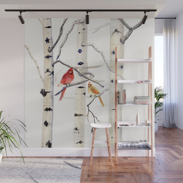 Birch Trees and Cardinal Wall Mural Gallery Image 1