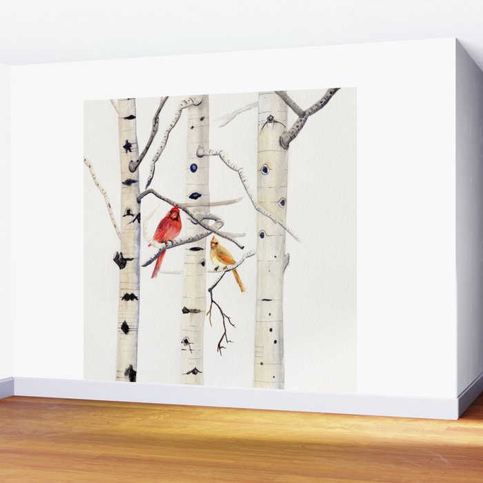 Birch Trees and Cardinal Wall Mural Gallery Image 2