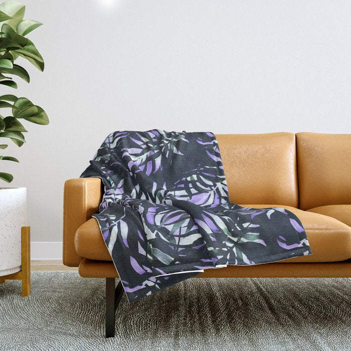 Dark abstract tropical leaves D1 Throw Blanket Gallery Image 1