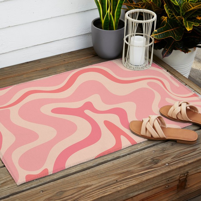 Retro Liquid Swirl Abstract in Soft Pink Outdoor Rug Gallery Image 2