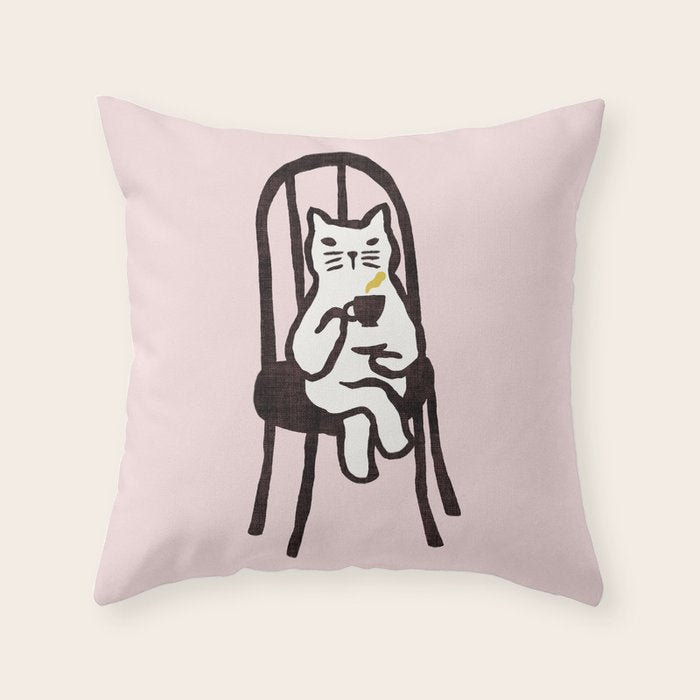 Tea time with cat Throw Pillow Gallery Image 1