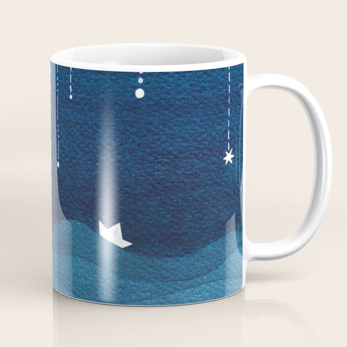 Falling stars, blue, sailboat, ocean Coffee Mug Gallery Image 1