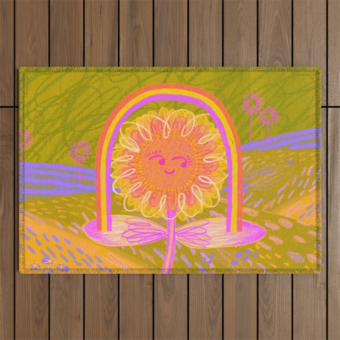 Retro Sunflower & Rainbow in Green & Pink Outdoor Rug Gallery Image 1