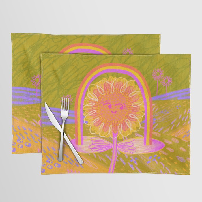 Retro Sunflower & Rainbow in Green & Pink Placemat Gallery Image 1