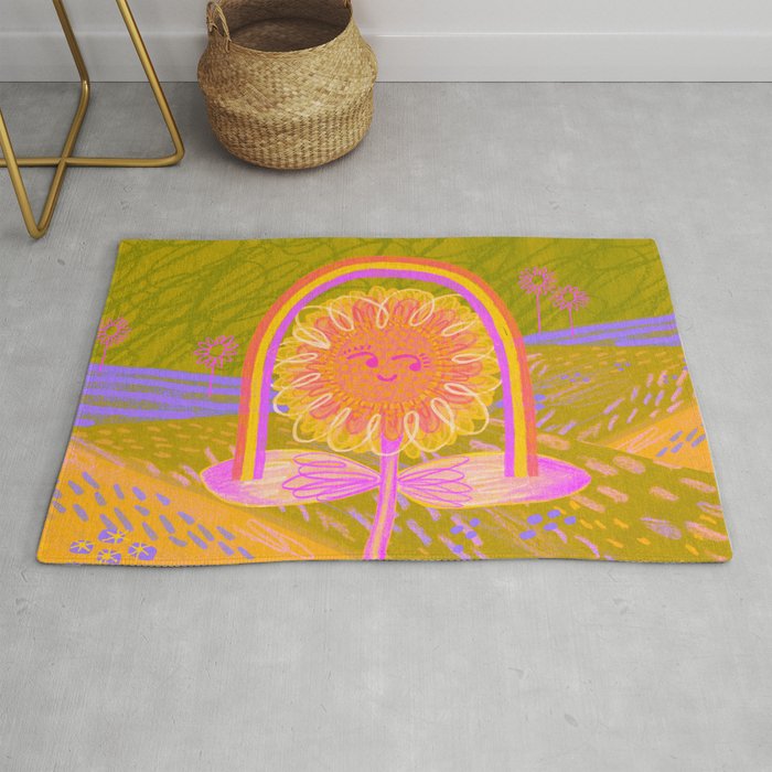 Retro Sunflower & Rainbow in Green & Pink Rug Gallery Image 1