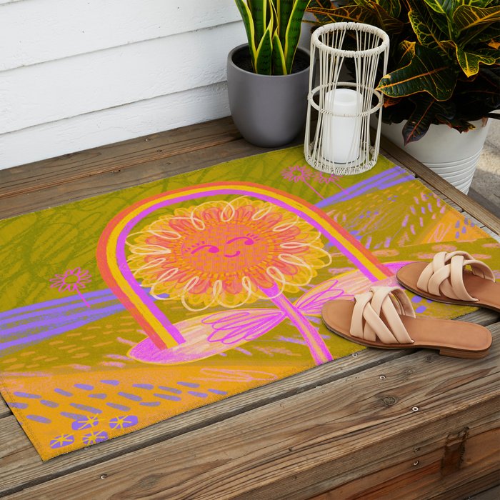 Retro Sunflower & Rainbow in Green & Pink Outdoor Rug Gallery Image 2