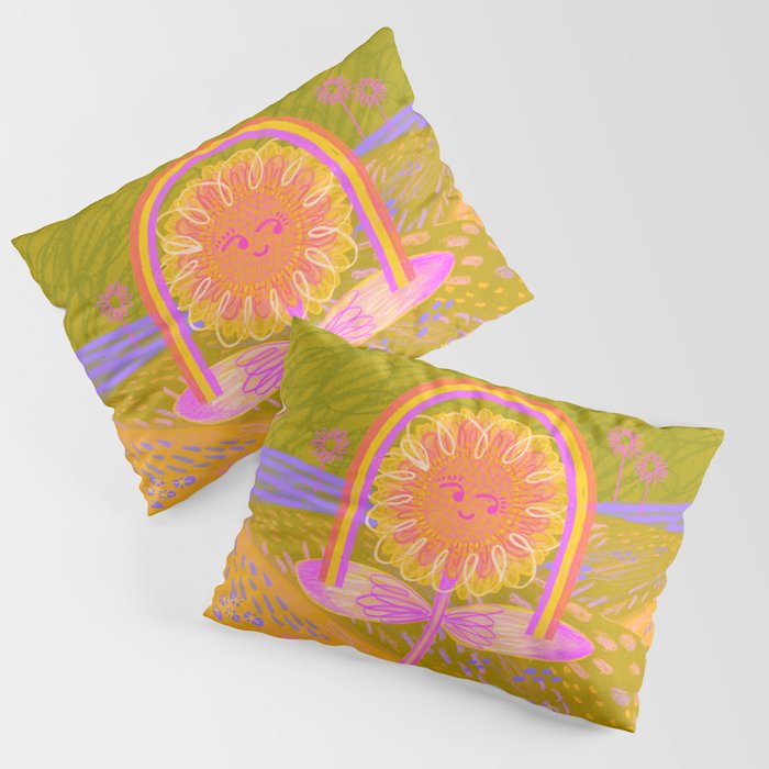 Retro Sunflower & Rainbow in Green & Pink Pillow Sham Gallery Image 3