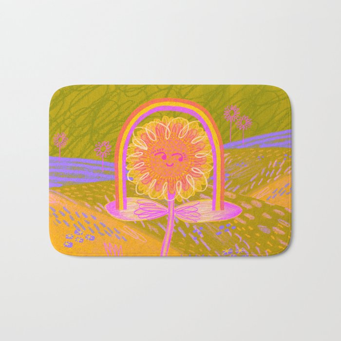 Retro Sunflower & Rainbow in Green & Pink Bath Mat Gallery Image 1