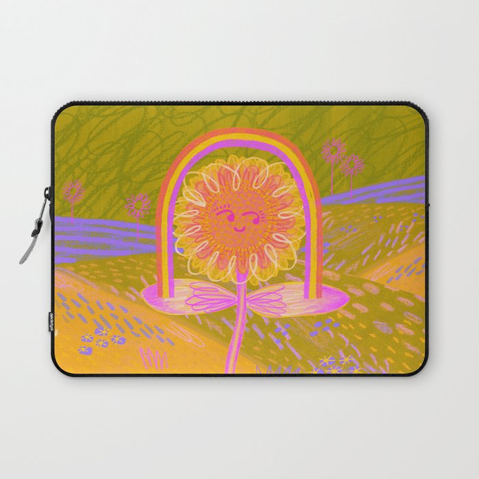 Retro Sunflower & Rainbow in Green & Pink Laptop Sleeve Gallery Image 1