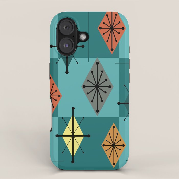 Mid Century Modern Starburst Diamonds Turquise & Teal iPhone Case Gallery Image 1