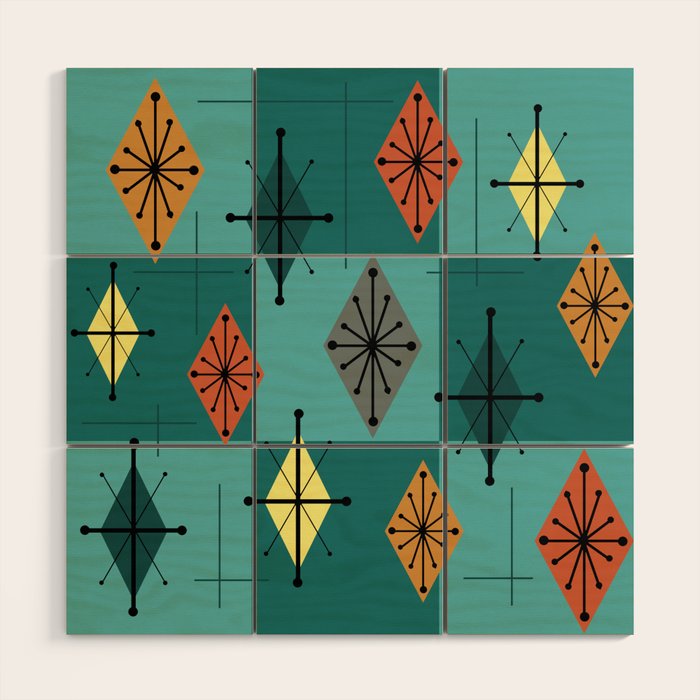 Mid Century Modern Starburst Diamonds Turquise & Teal Wood Wall Art Gallery Image 1
