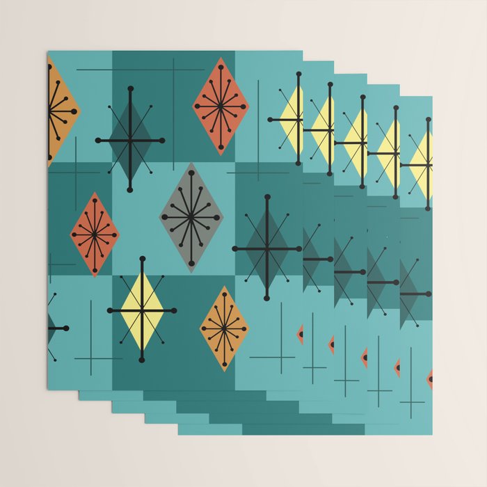 Mid Century Modern Starburst Diamonds Turquise & Teal Wrapping Paper Gallery Image 3