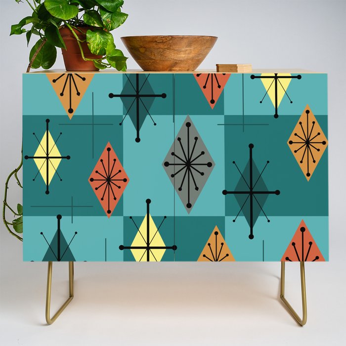 Mid Century Modern Starburst Diamonds Turquise & Teal Credenza Gallery Image 1
