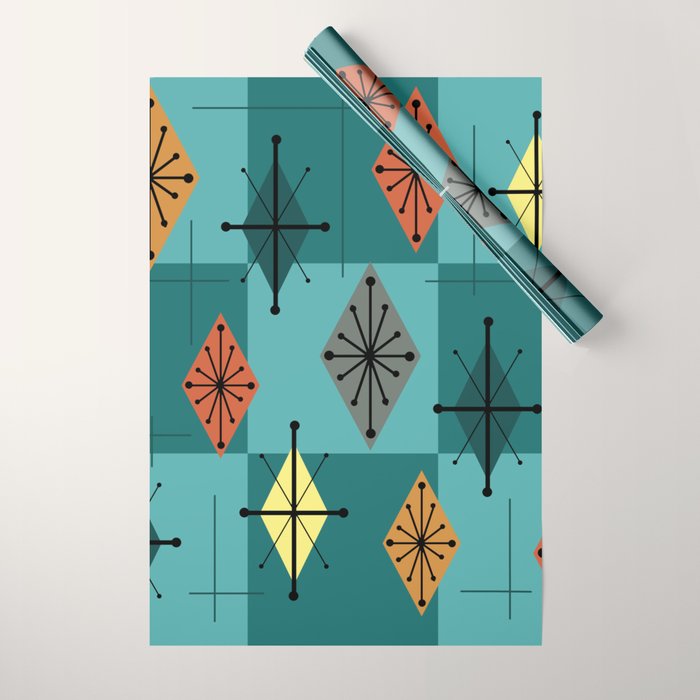 Mid Century Modern Starburst Diamonds Turquise & Teal Wrapping Paper Gallery Image 1