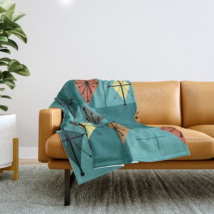 Mid Century Modern Starburst Diamonds Turquise & Teal Throw Blanket Gallery Image 1