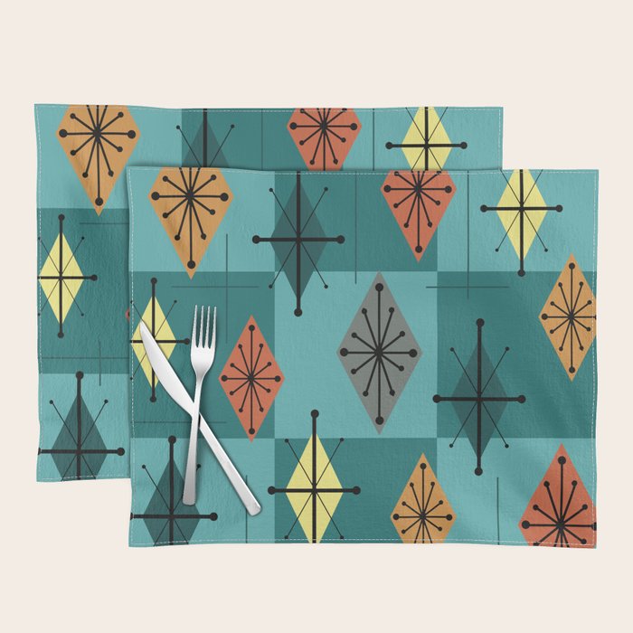Mid Century Modern Starburst Diamonds Turquise & Teal Placemat Gallery Image 1