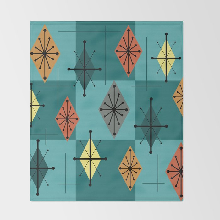Mid Century Modern Starburst Diamonds Turquise & Teal Throw Blanket Gallery Image 2