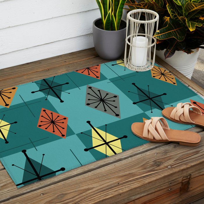 Mid Century Modern Starburst Diamonds Turquise & Teal Outdoor Rug Gallery Image 2