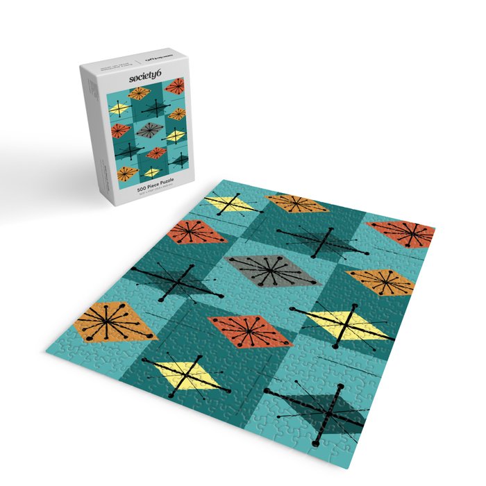 Mid Century Modern Starburst Diamonds Turquise & Teal Jigsaw Puzzle Gallery Image 2