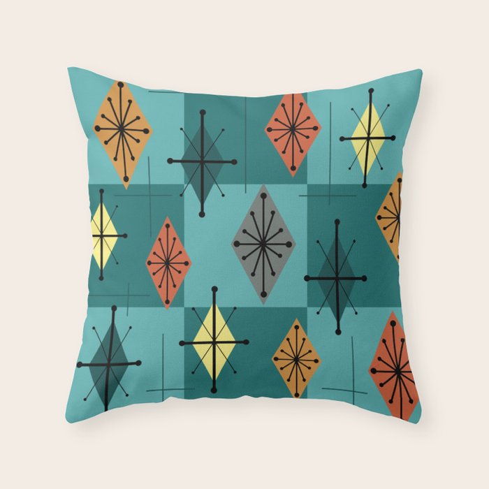Mid Century Modern Starburst Diamonds Turquise & Teal Throw Pillow Gallery Image 6