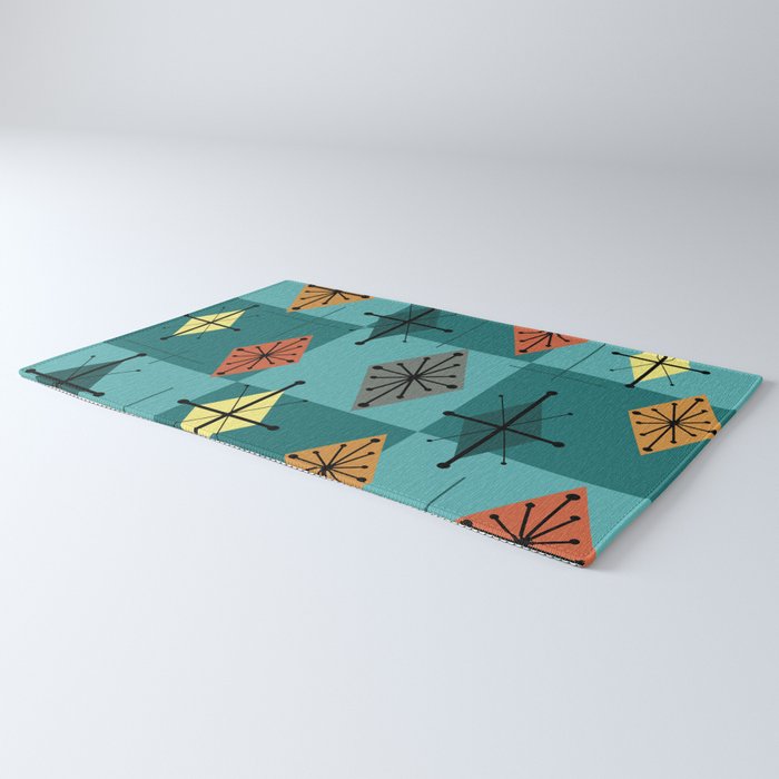 Mid Century Modern Starburst Diamonds Turquise & Teal Rug Gallery Image 3