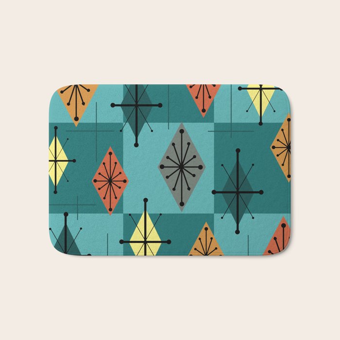 Mid Century Modern Starburst Diamonds Turquise & Teal Bath Mat Gallery Image 1