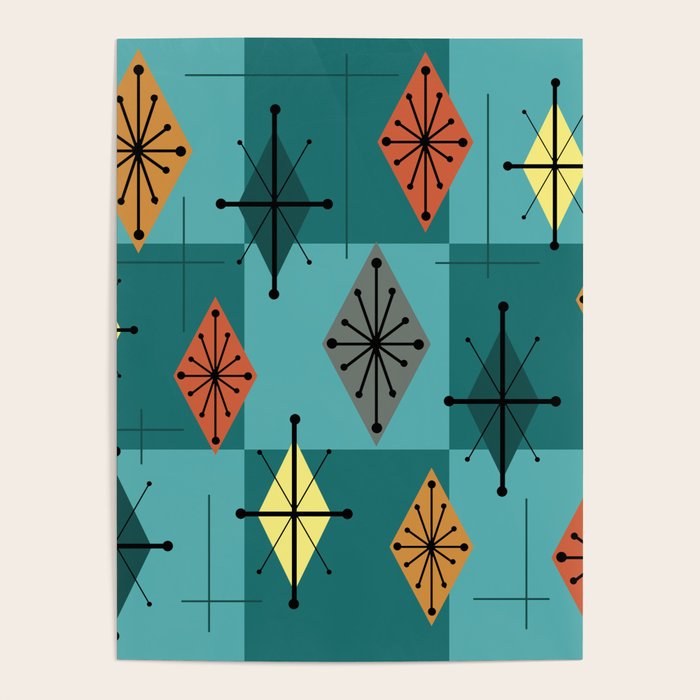 Mid Century Modern Starburst Diamonds Turquise & Teal Poster Gallery Image 4