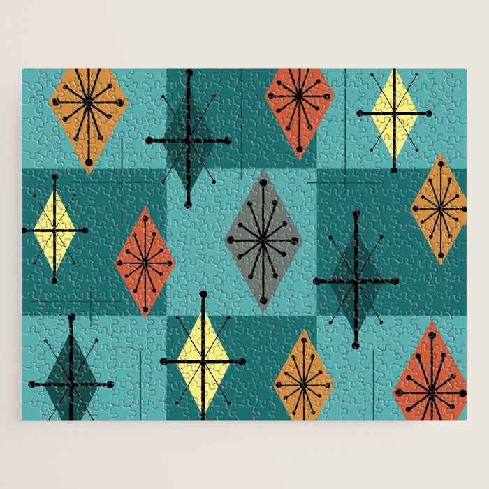 Mid Century Modern Starburst Diamonds Turquise & Teal Jigsaw Puzzle Gallery Image 1