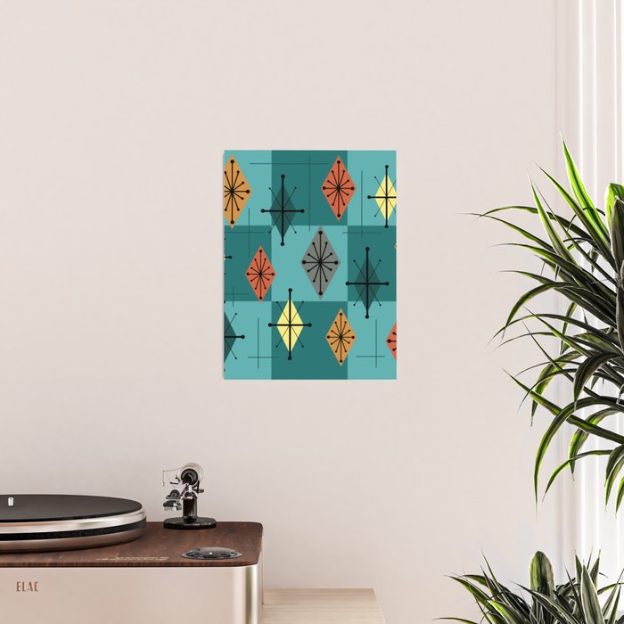 Mid Century Modern Starburst Diamonds Turquise & Teal Poster Gallery Image 2
